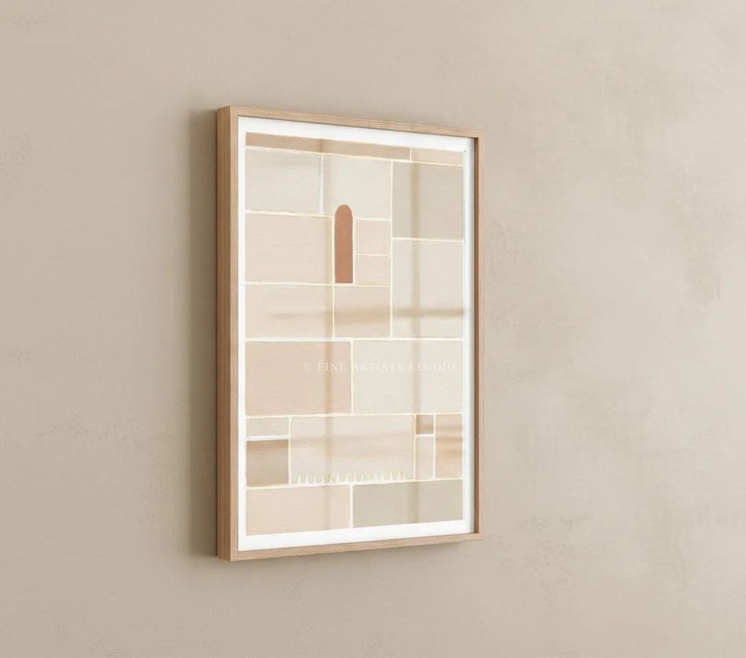 Side perspective of the framed geometric artwork Schema III by Aggeliki Dimitriadou, hanging on a beige plaster wall, with the architectural element reflecting themes of ancient Greek antiquity.