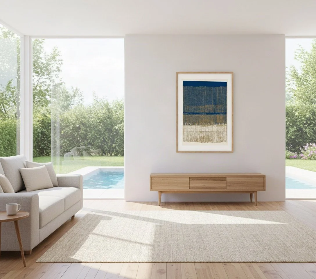 Luxury poolside lounge with a contemporary sofa and the framed blue art print Terra d'Oltremare from Layers series.