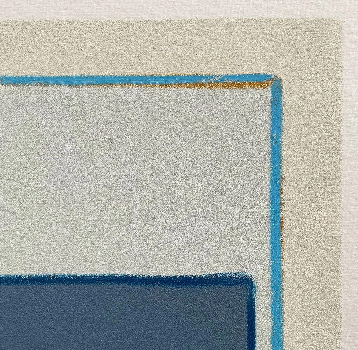 Minimalist handmade artwork titled "Traces Blue" by Aggeliki Dimitriadou, featuring a solid blue color block and a fine azure line painted with oil pastels using a hand-cut stencil, macro details.