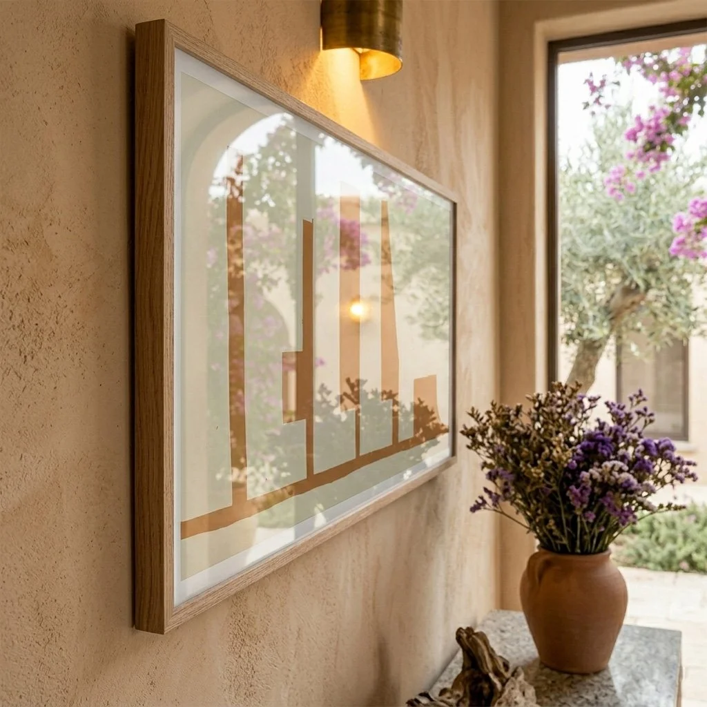 Close-up of the framed "On the Drift No. 10" art print, showing the minimal yellow ochre abstract shapes and the light oak frame against a textured plaster wall with natural shadows.
