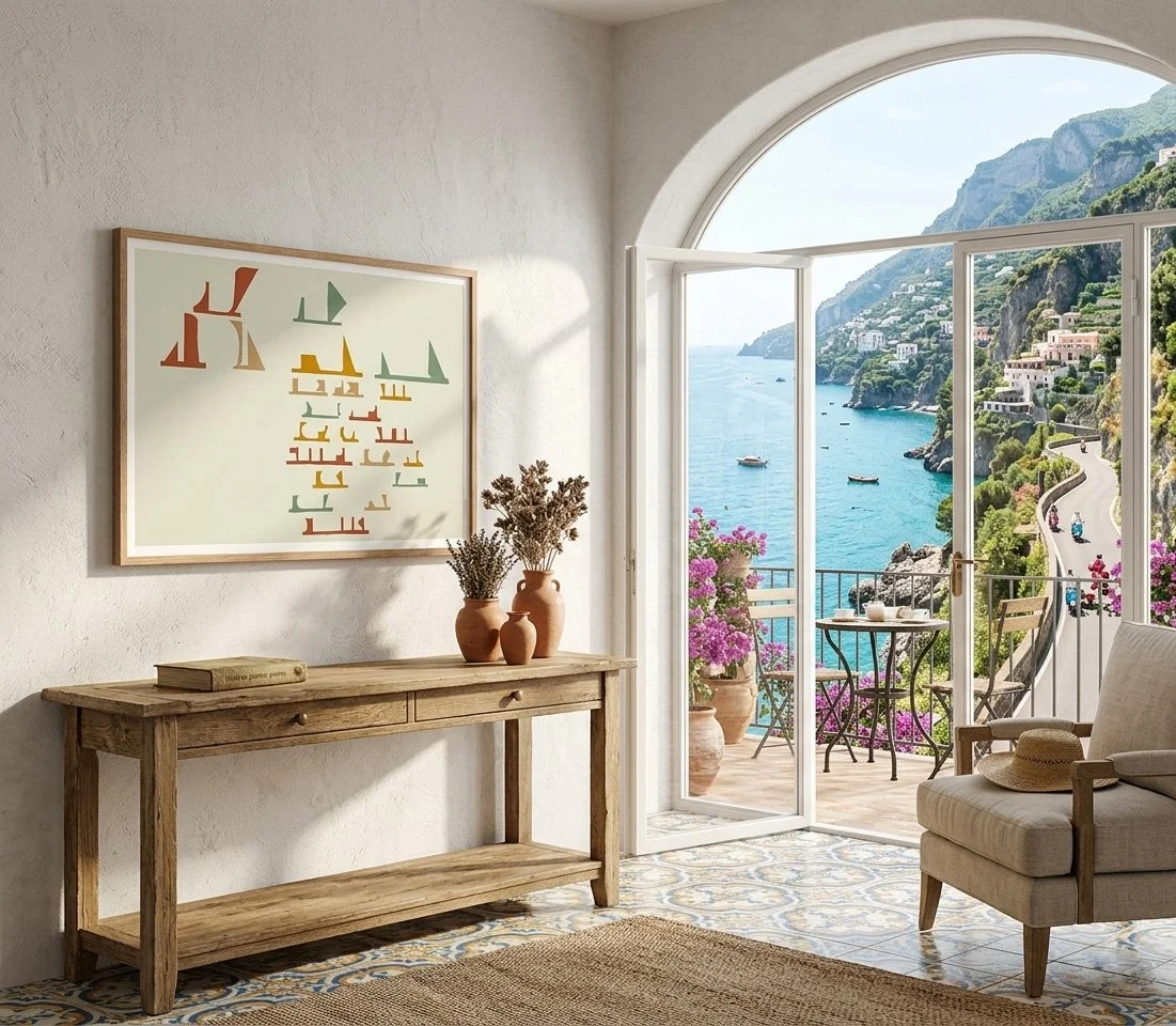 High-end Mediterranean living room with a large arched stone ceiling and a modern sofa, featuring On the Drift No. 08 as a statement piece on a textured plaster wall.