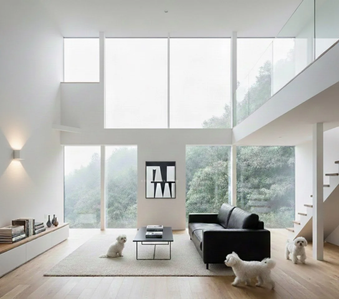 The black and white abstract painting "Signal VI" styled on a bright white wall in a contemporary minimalist interior.