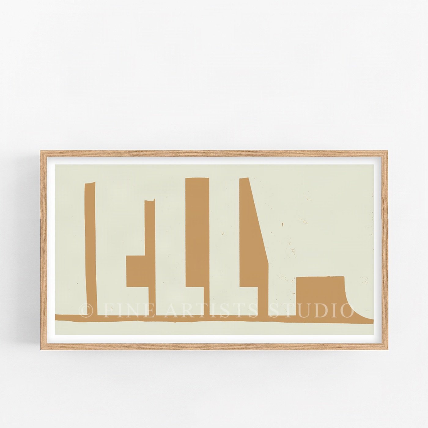 On The Drift 10" panoramic minimalist abstract fine art print showcasing architectural block motifs and sweeping arch formations in charcoal black, terracotta, and sand yellow on a cream backdrop.