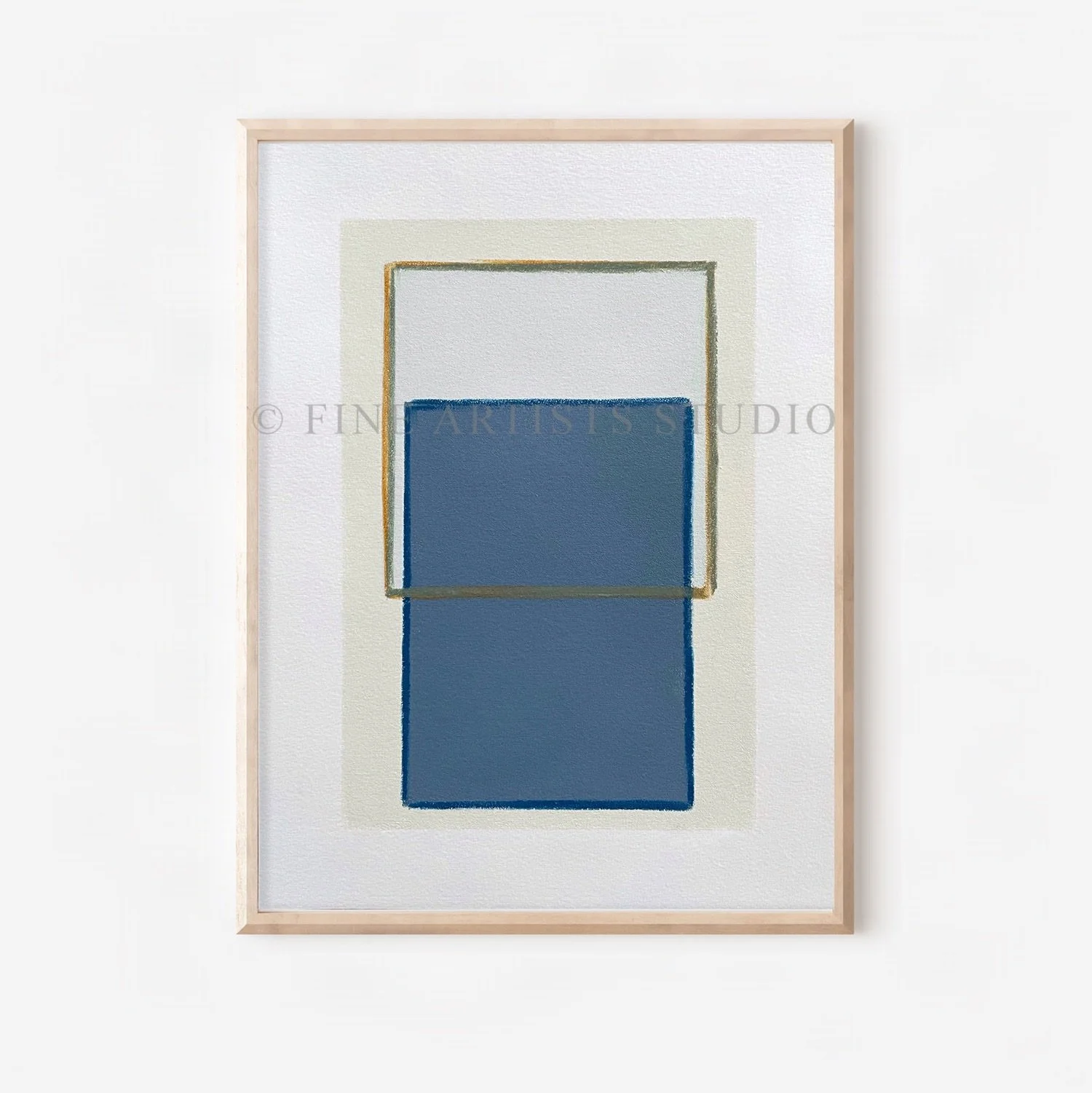 Minimalist handmade artwork titled "Traces Green" by Aggeliki Dimitriadou, featuring a solid blue color block and a fine green line painted with oil pastels using a hand-cut stencil.