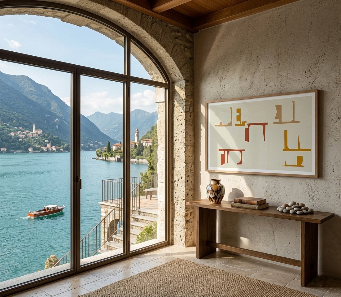 Bright minimalist hallway with an arched doorway leading to a Mediterranean courtyard, showcasing On the Drift No. 09 as a central decorative element on a neutral stone wall.