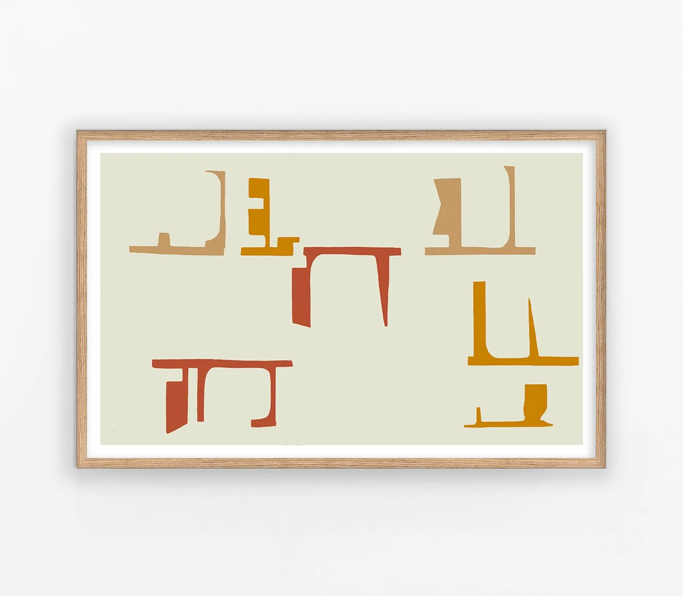 Alt Text: Frontal view of On the Drift No. 09 art print (80x50cm), a horizontal nautical abstract composition in earth tones and charcoal grey, framed in light oak on a white background.