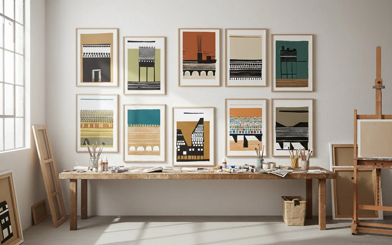 Contemporary fine art prints by Fine Artists Studio displayed for hospitality and interior design projects
