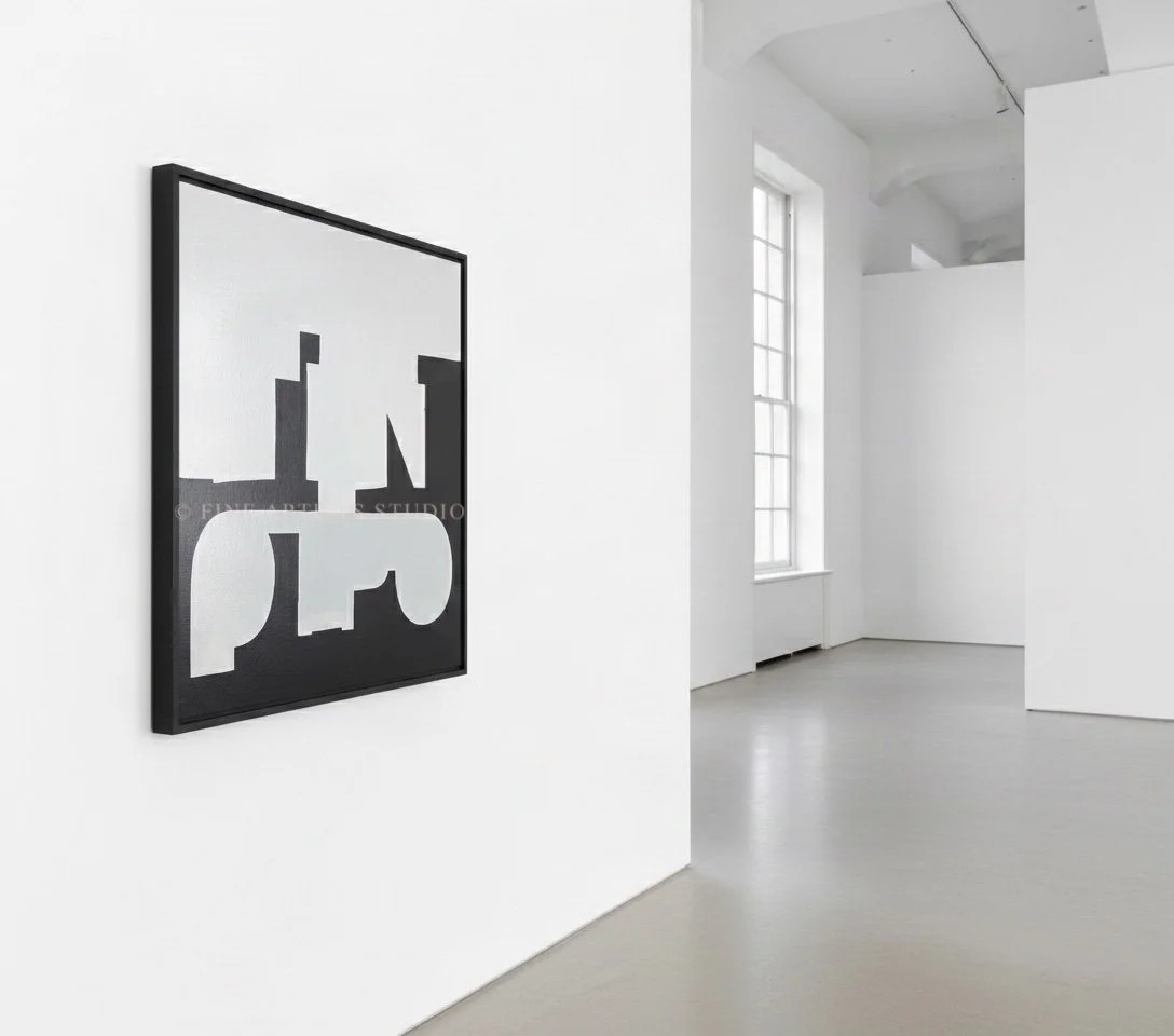 Side-angle view of the square abstract artwork "Signal III" framed on a bright white gallery wall under high ceilings and open architectural space.