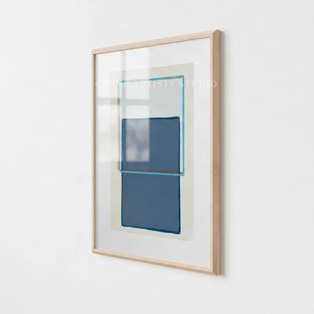 Minimalist handmade artwork titled "Traces Blue" by Aggeliki Dimitriadou, angled view, featuring a solid blue color block and a fine azure line painted with oil pastels using a hand-cut stencil.
