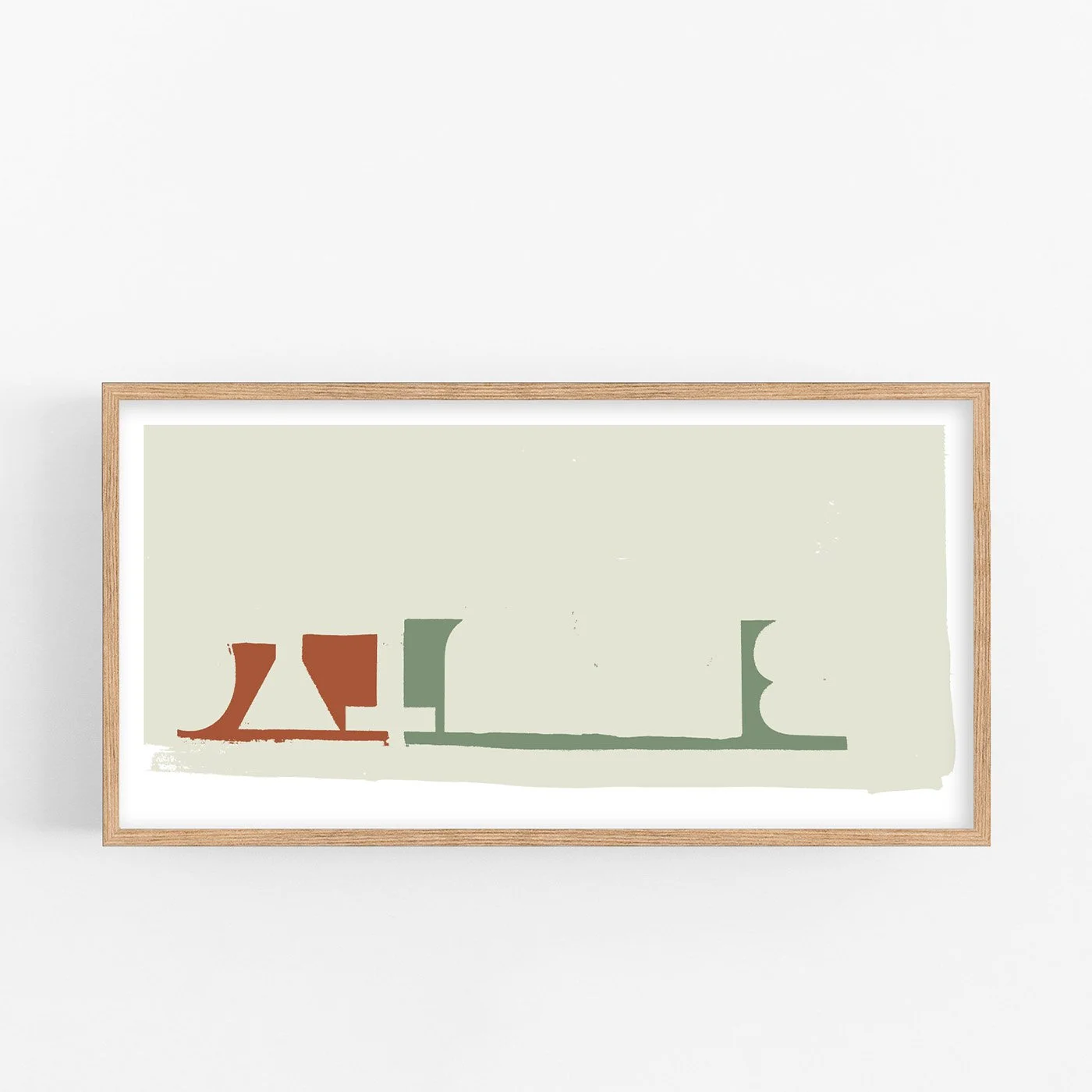 Panoramic view of "On the Drift No. 5" art print, a horizontal nautical abstraction with sage green and terracotta shapes in a light oak frame, isolated on a white background.