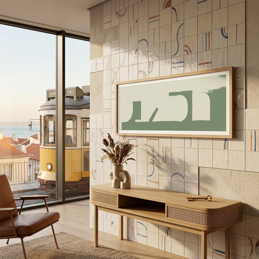 Close-up side view of a framed art print showing  light oak frame detail in a sunlit coastal interior.