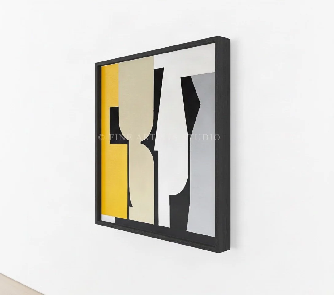 The yellow geometric painting "Signal VIII" gallery angle.