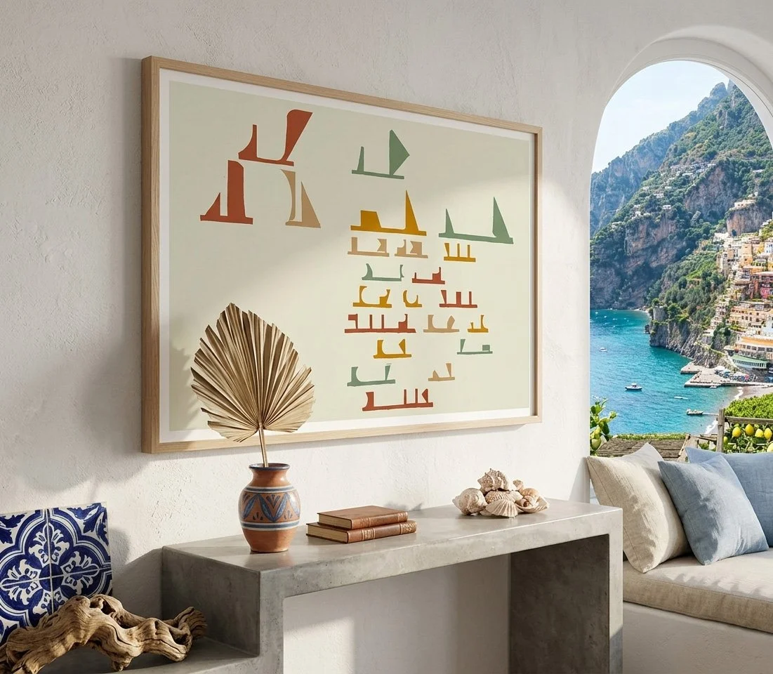 Minimalist interior design with a focus on natural materials, showing a large framed nautical abstract print hanging above a simple wooden bench on a warm-toned stone wall.