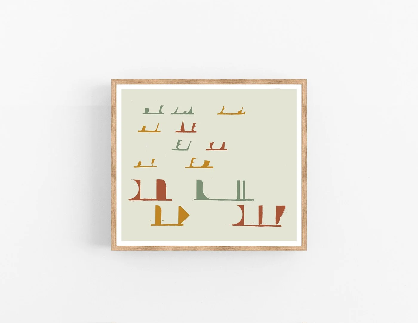 Frontal product view of "On the Drift No. 07" art print (80x70cm), featuring a balanced abstract composition of nautical shapes in terracotta, sand, and grey tones within an oak frame.