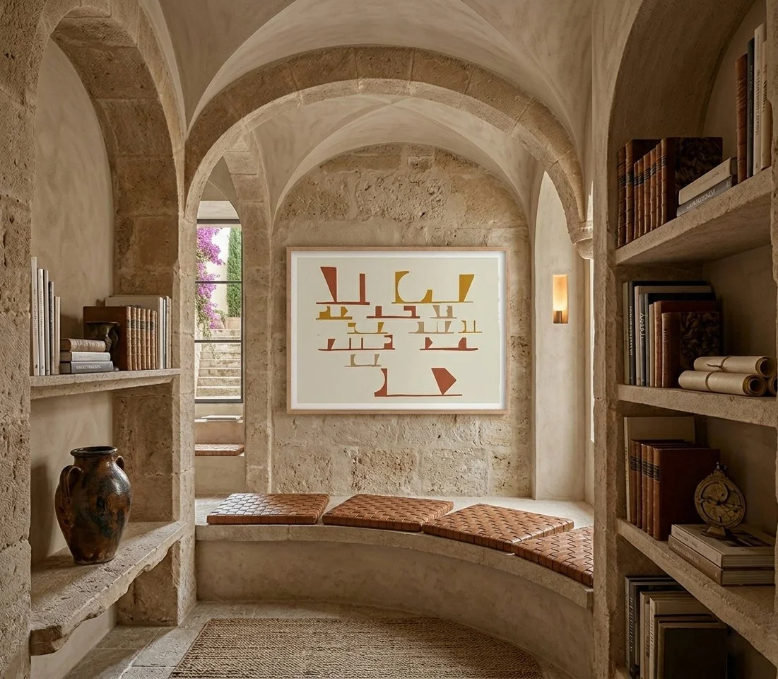 Mediterranean library interior with stone arches and built-in bookshelves featuring "On the Drift No. 3" abstract print as a focal point in a serene, historic architectural setting.