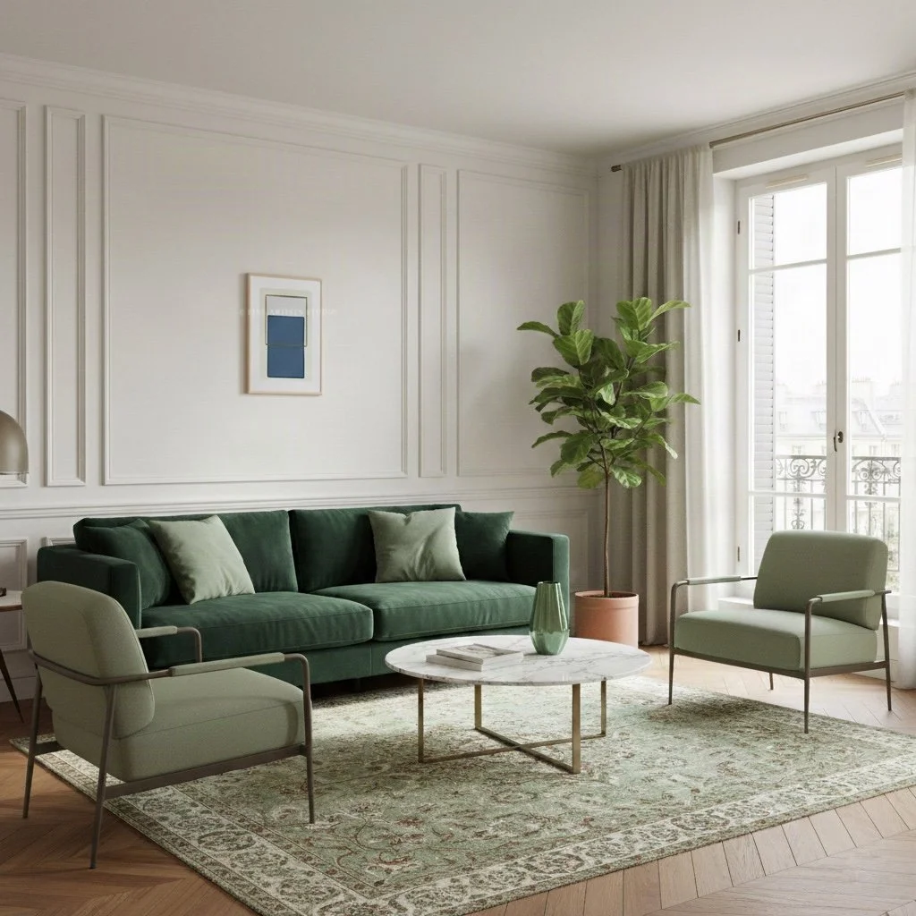 Minimalist artwork titled "Traces Green" by Aggeliki Dimitriadou, display in a living room, featuring a solid blue color block and a fine green line painted with oil pastels using a hand-cut stencil.
