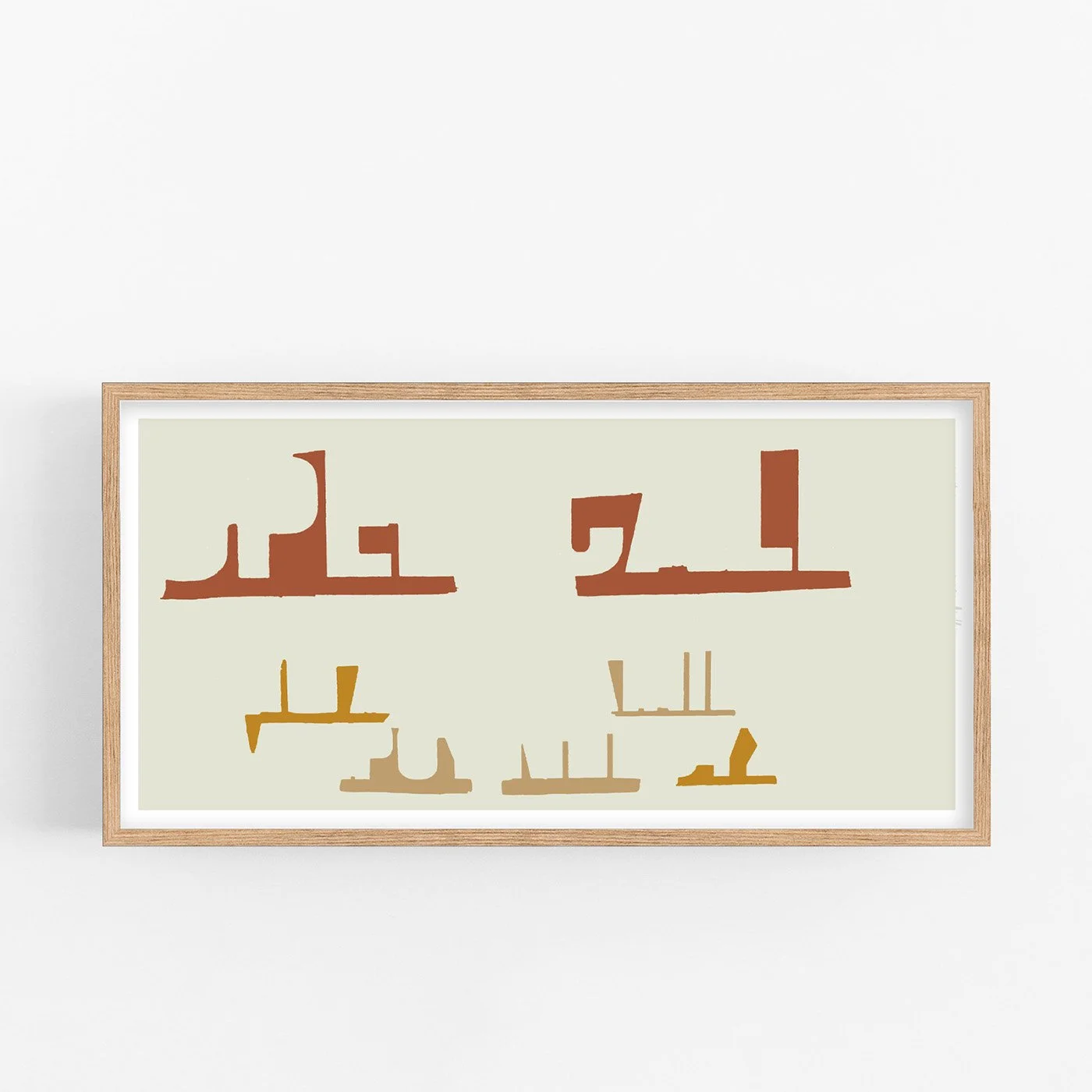 Large panoramic art print "On the Drift No. 06" (100x50cm) featuring a minimal nautical abstraction with terracotta, ochre, and grey shapes in a light oak frame on a white background.