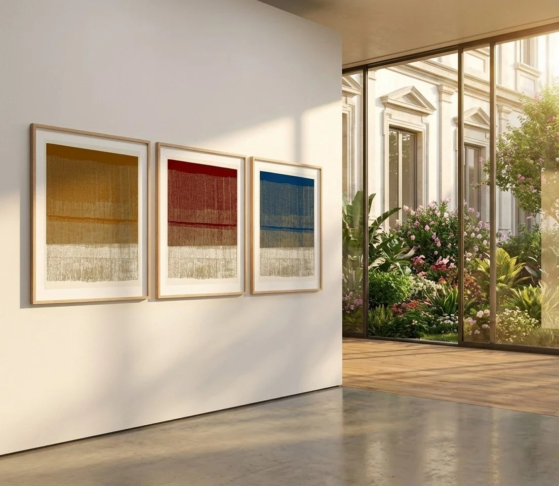 Three framed abstract paintings on a white gallery wall, with a large window revealing a garden with pink and green plants outside.
