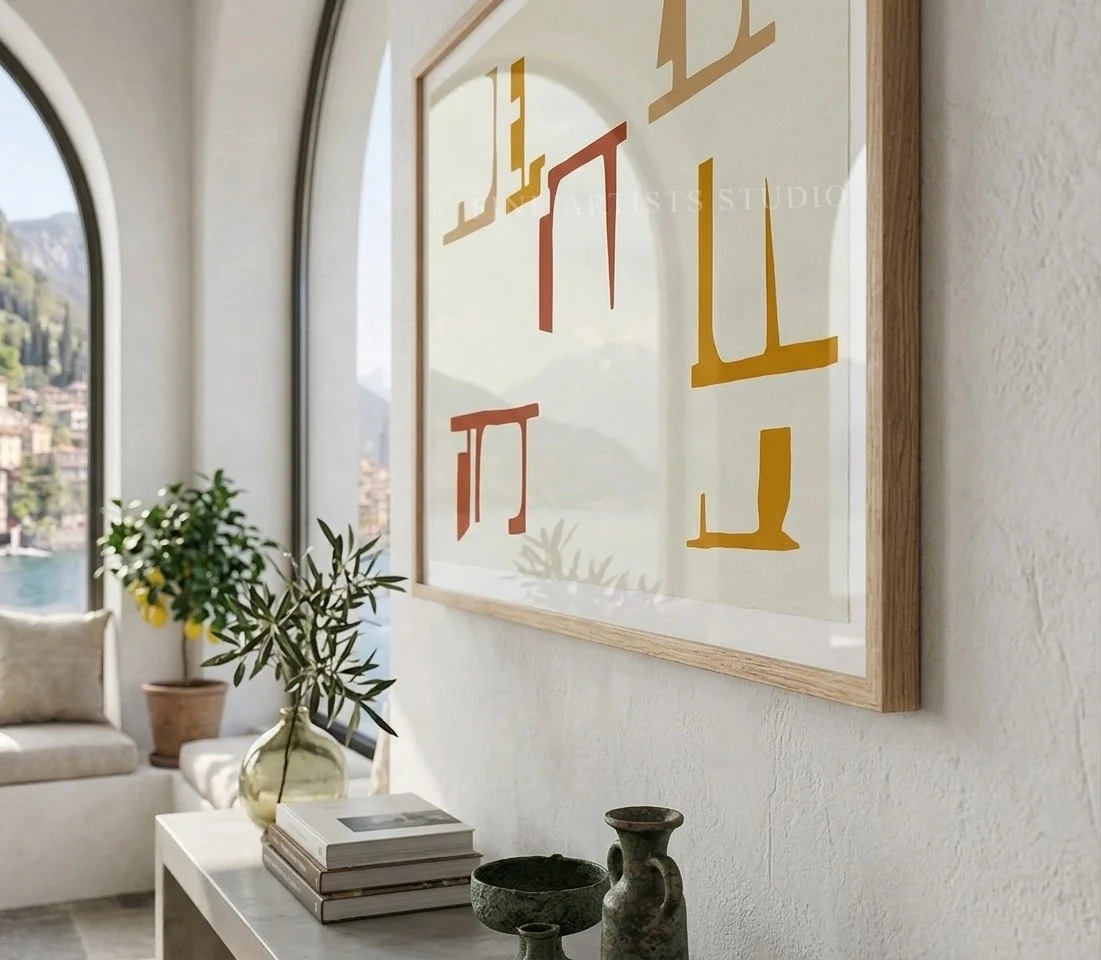 Angled shot of a vertical modern art print styled in a quiet Wabi-Sabi room over a smooth stone surface next to an oversized textured terracotta urn.