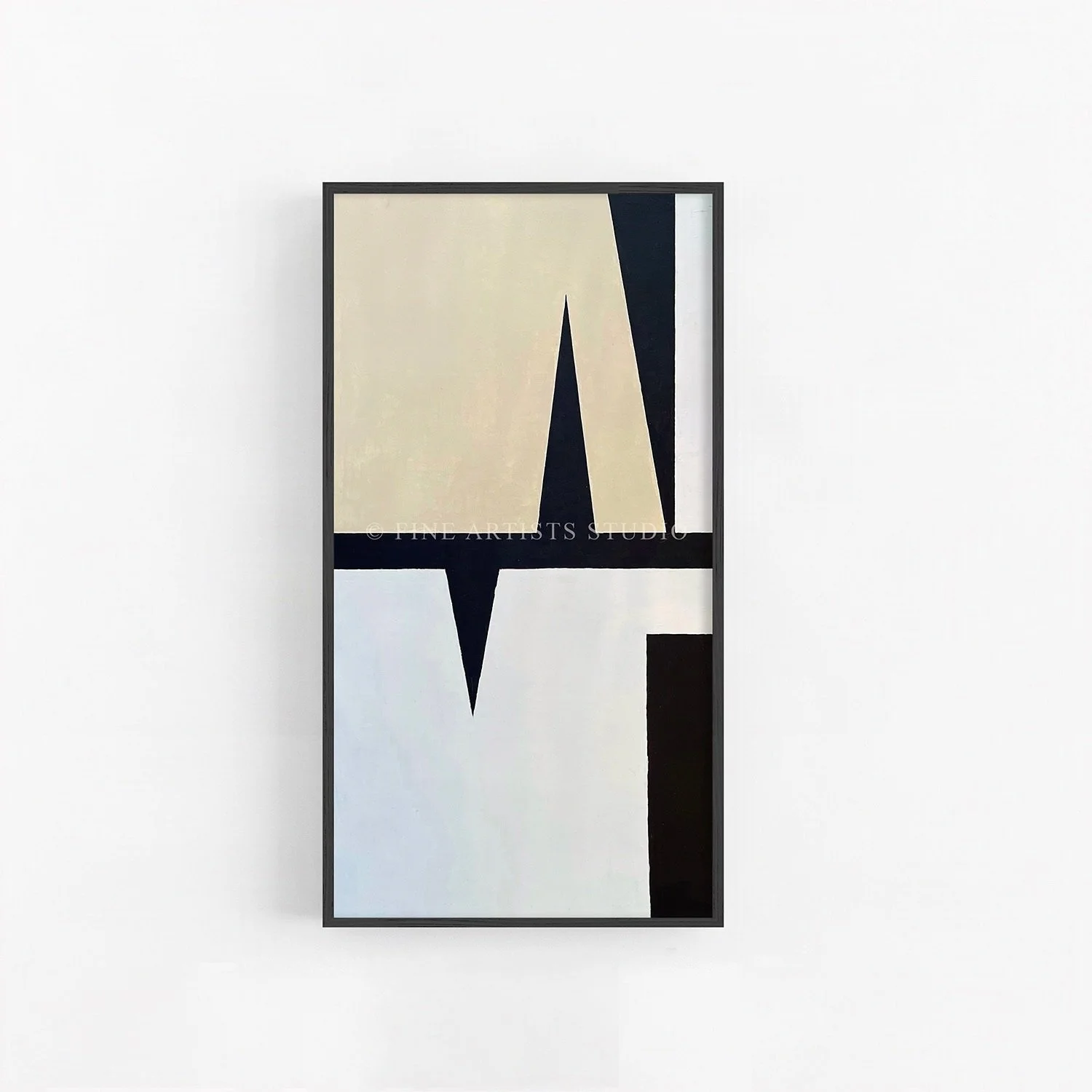 "Signal V" by Spyridon Andrikou, a vertical black and white minimalist abstract painting studying negative space and bold geometric forms.