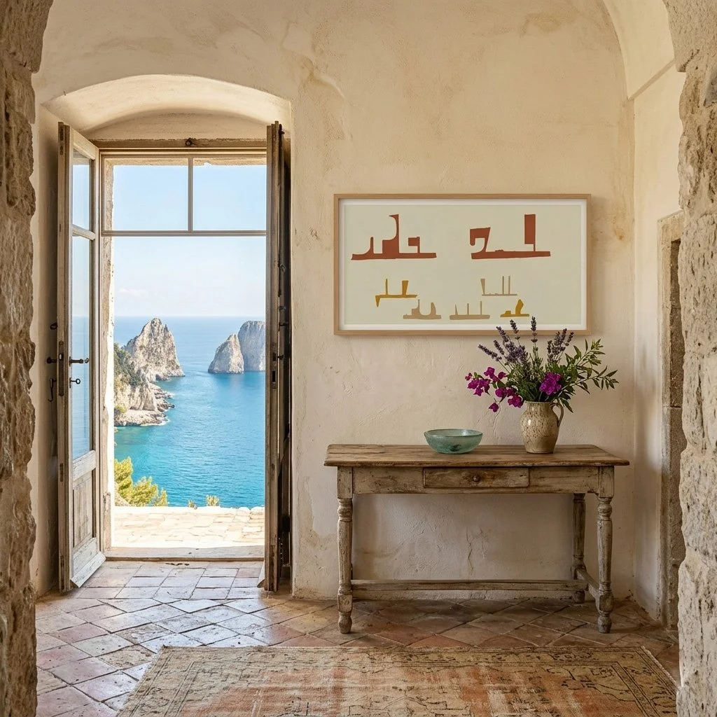 Minimalist stone interior overlooking a sunny Mediterranean courtyard, with a wide-format nautical abstract print adding warmth and modern geometry to the space.
