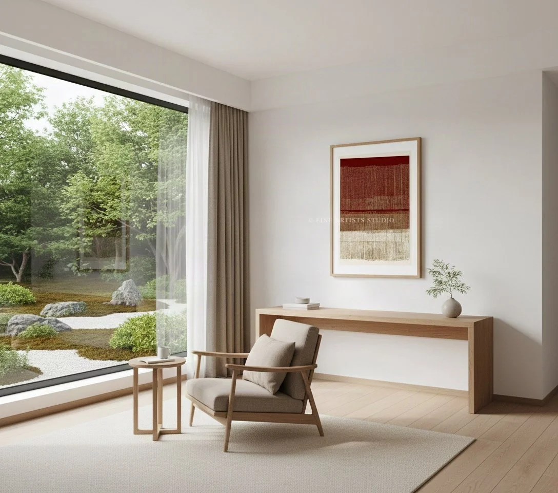 Airy modern lounge featuring a large panoramic window and the framed abstract artwork Terra di Siena from Layers series.