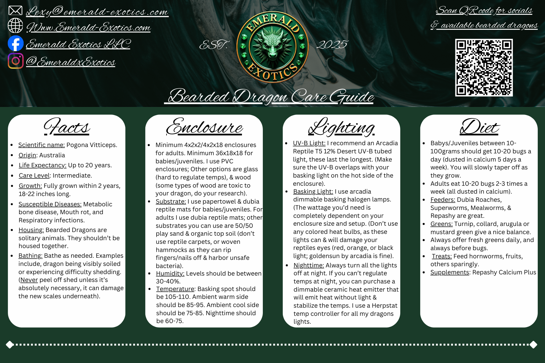 A detailed guide on caring for bearded dragons, including sections on facts, enclosure, lighting, and diet, with contact information, social media links, and a QR code.