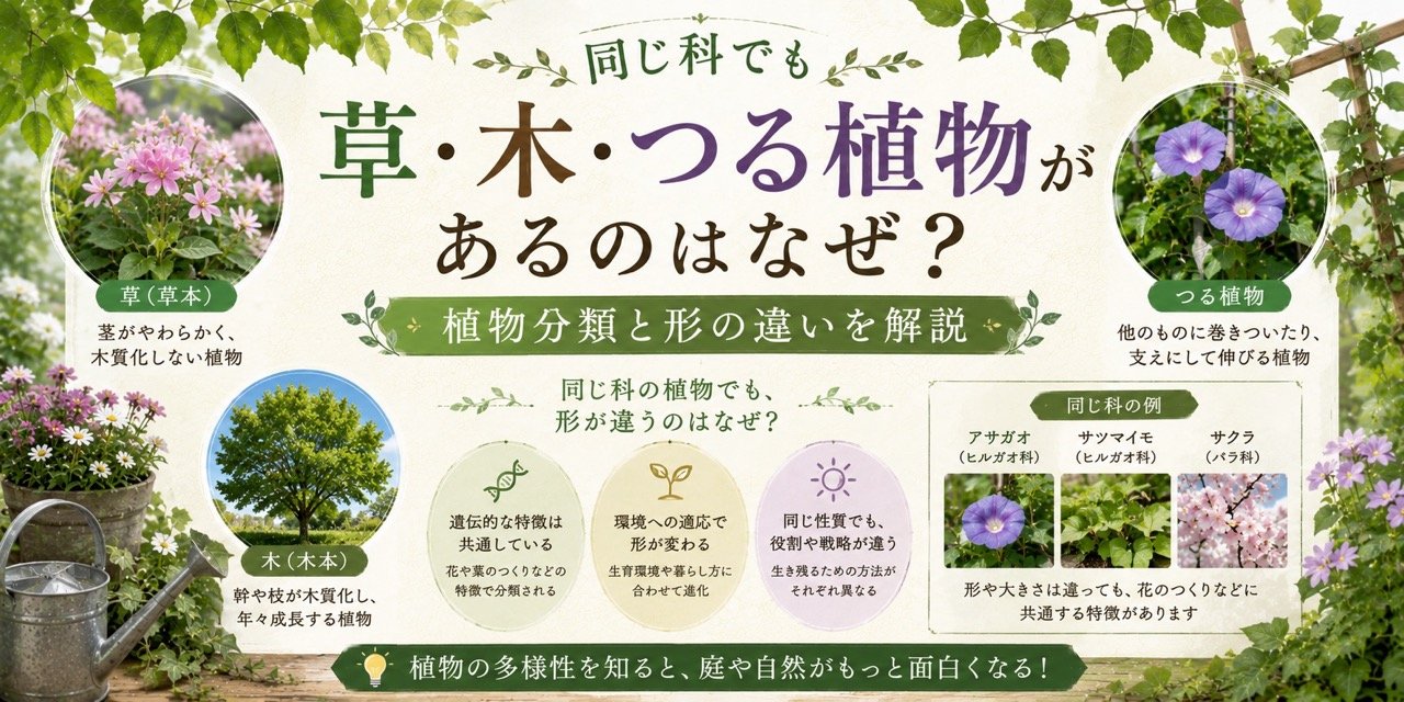 同じ科でも草・木・つる植物があるのはなぜ？植物分類と形の違いを解説