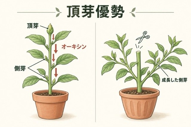 【庭用語】頂芽優勢とは？枝先を切ると脇芽が伸びる仕組みと、剪定・摘心への生かし方