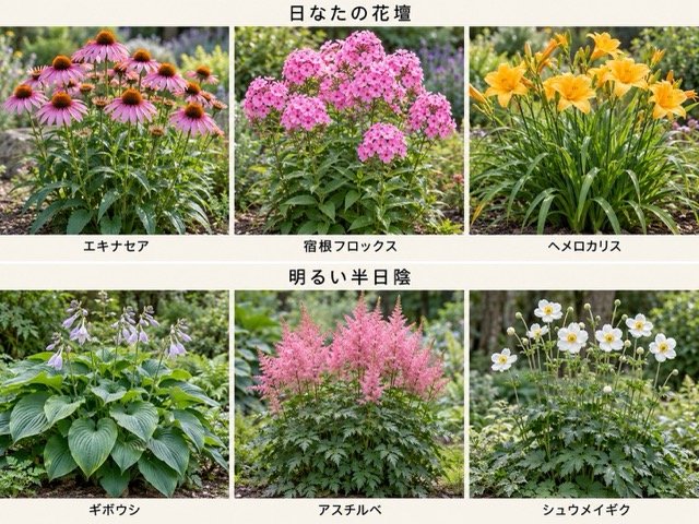 エキナセア、宿根フロックス、ヘメロカリス 、ギボウシ、アスチルベ、シュウメイギク