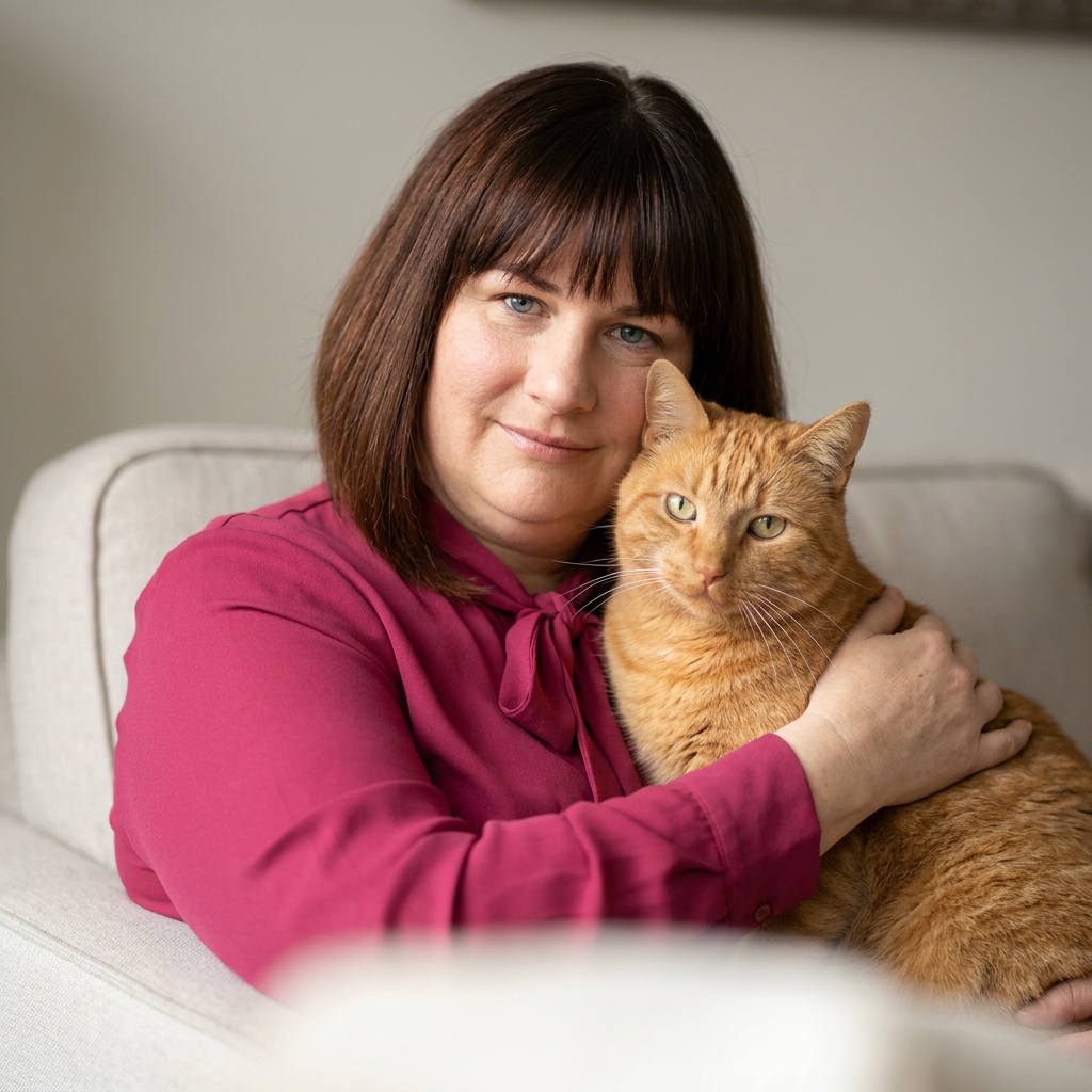 Une femme avec des cheveux bruns et une chemise rose foncé, tenant un chat orange tigré sur un canapé beige dans un intérieur domestique.