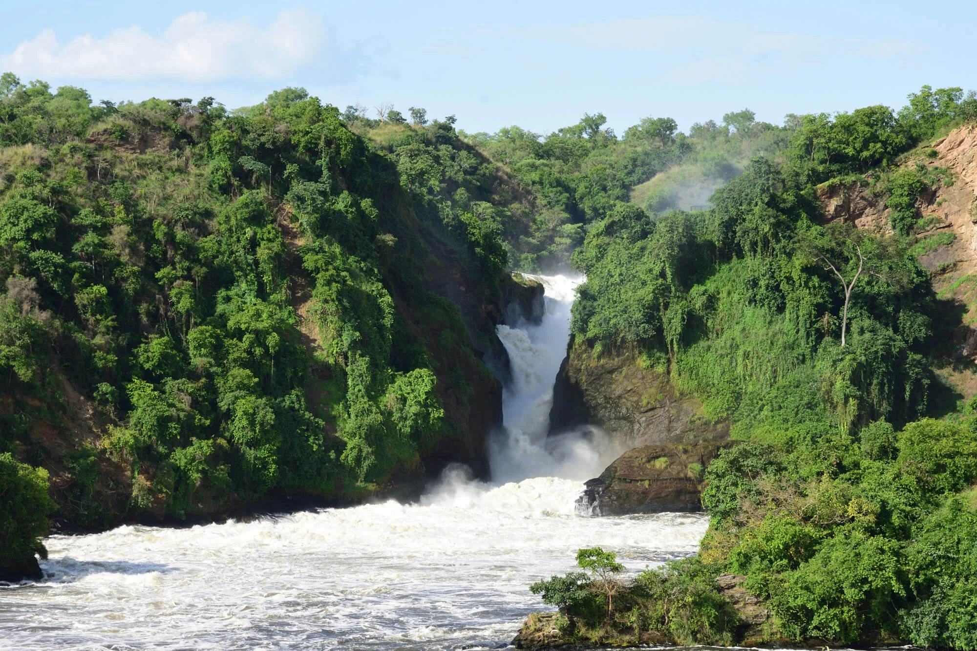 A waterfall flowing through a lush, green forest with mist in the background.
