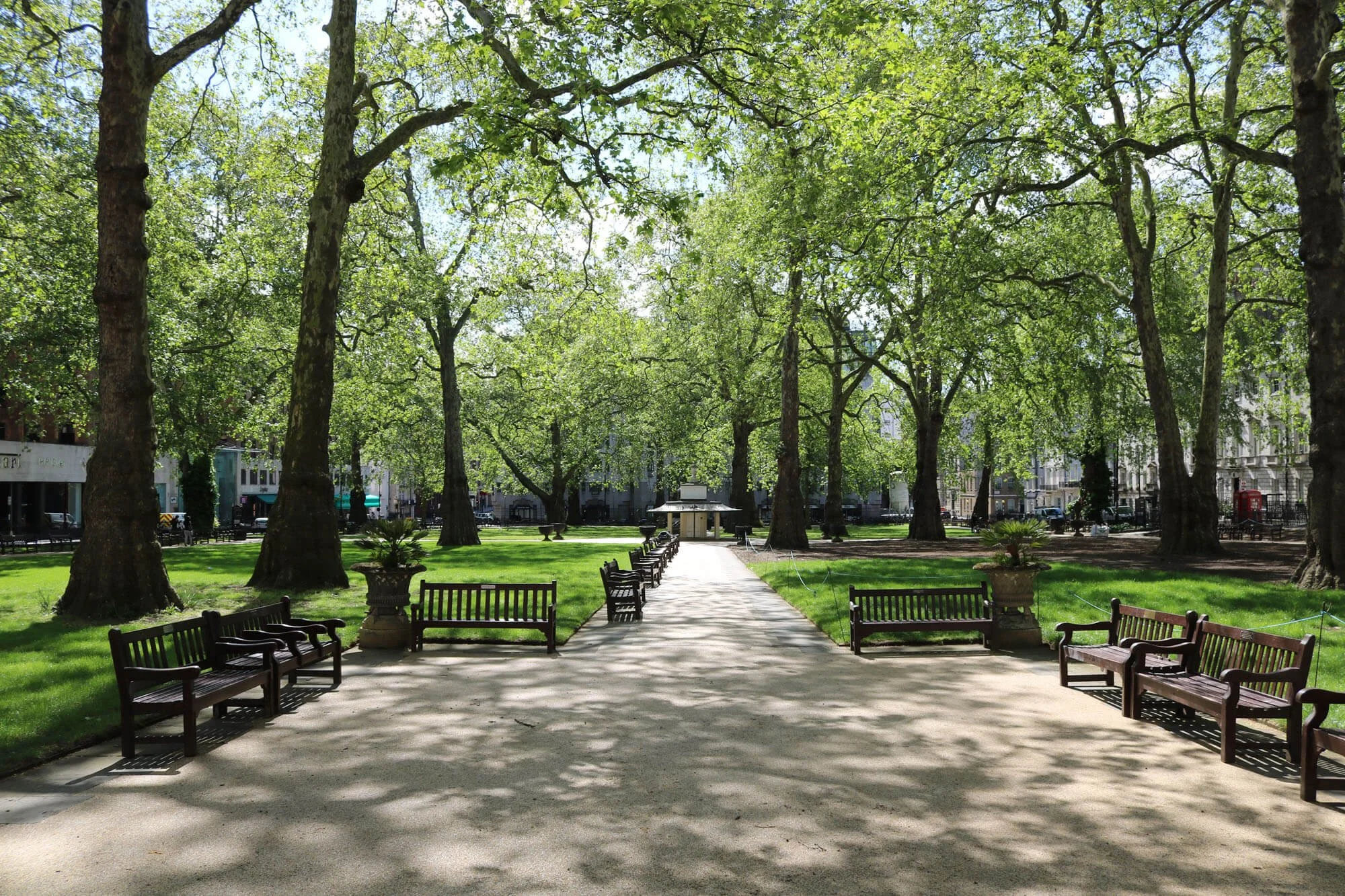 A peaceful city park with a wide path, benches, and large leafy trees providing shade.