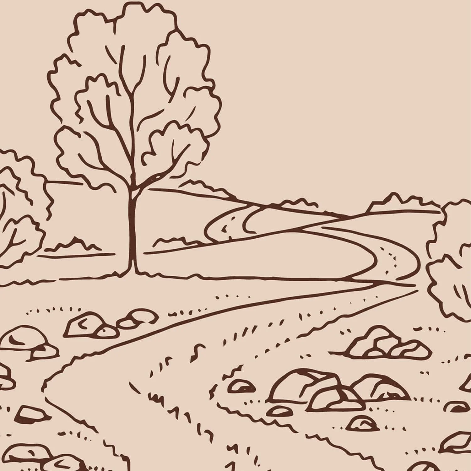 Illustrated landscape with a lone tree, a winding path, and scattered rocks