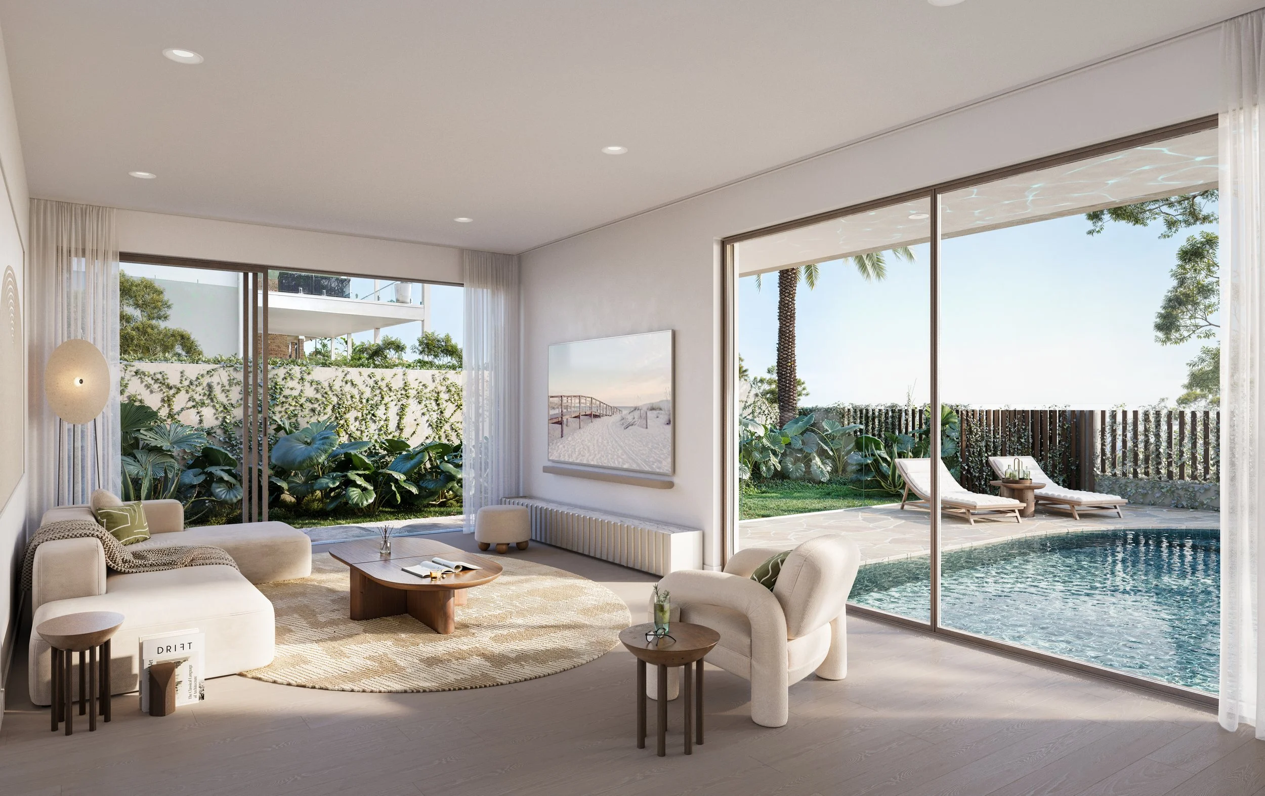 Modern living room with large glass doors overlooking a backyard with a pool, trees, and outdoor lounge chairs.
