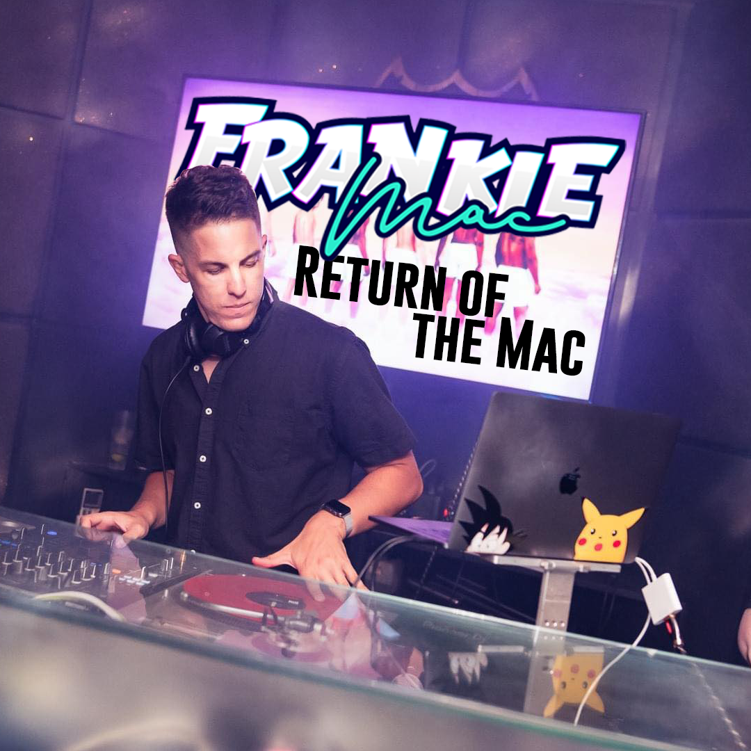 A DJ wearing a black shirt and headphones standing behind a mixing console at a party or event. A large screen in the background displays the text "Frankie Mac Return of the Mac," with a purple and pink background and images of women in bikinis.