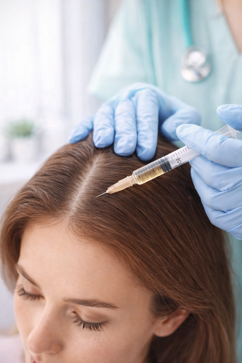 Paciente mujer recibe inyección en el cuero cabelludo por un especialista médico usando guantes de látex.