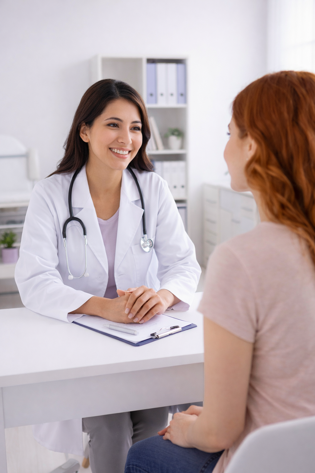 Una doctora sonriendo mientras habla con una paciente en una consulta médica en un consultorio.