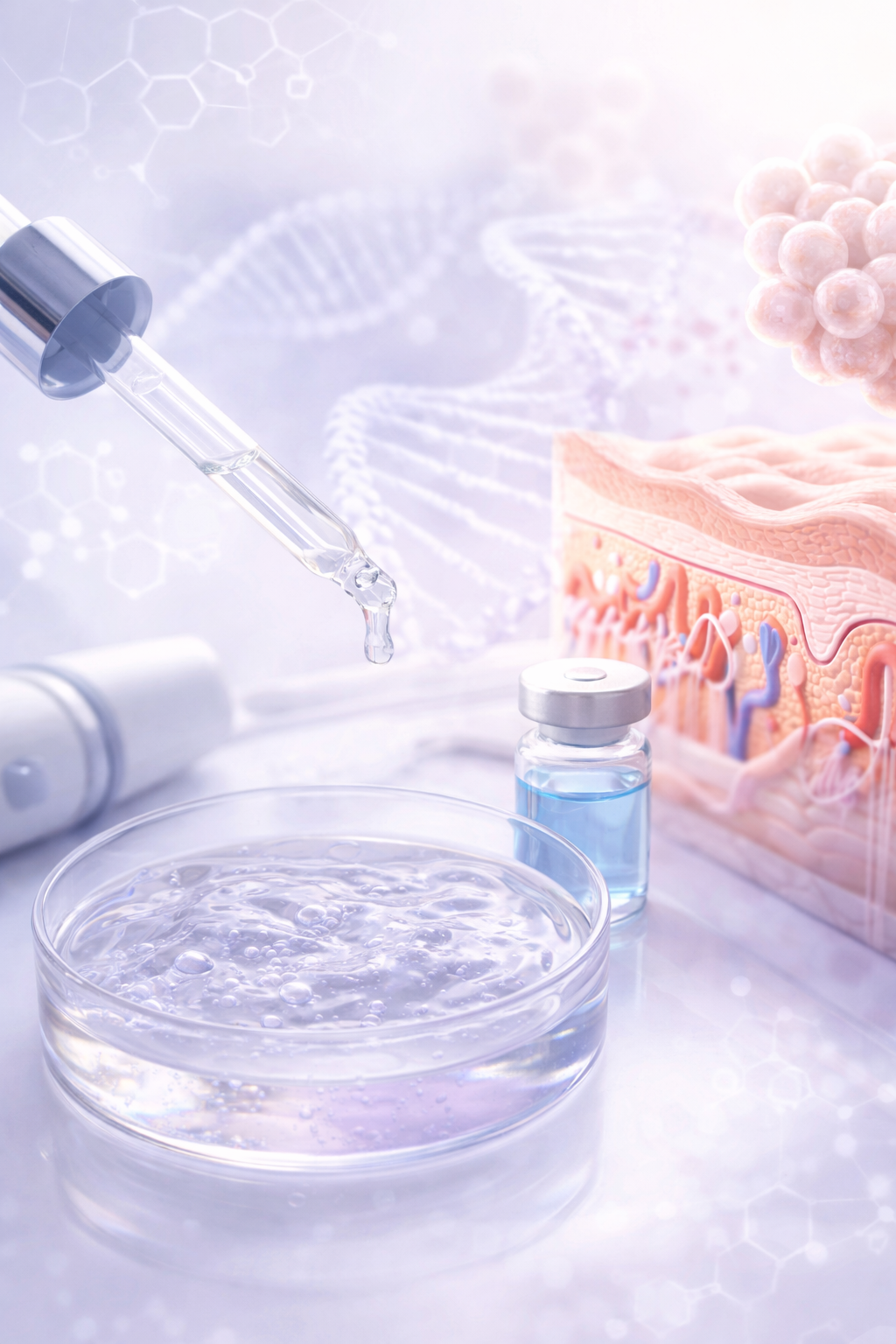 Preparado de laboratorio con una pipeta y una placa de petri, muestra una ilustración de ADN, células y estructura de la piel.