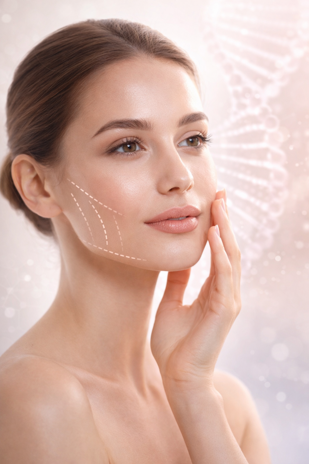 Mujer joven con piel radiante, tocándose la mejilla, ilustración de líneas de contorno en su rostro, fondo con diagrama de ADN y destellos de luz, representando cuidado facial y cirugía estética.