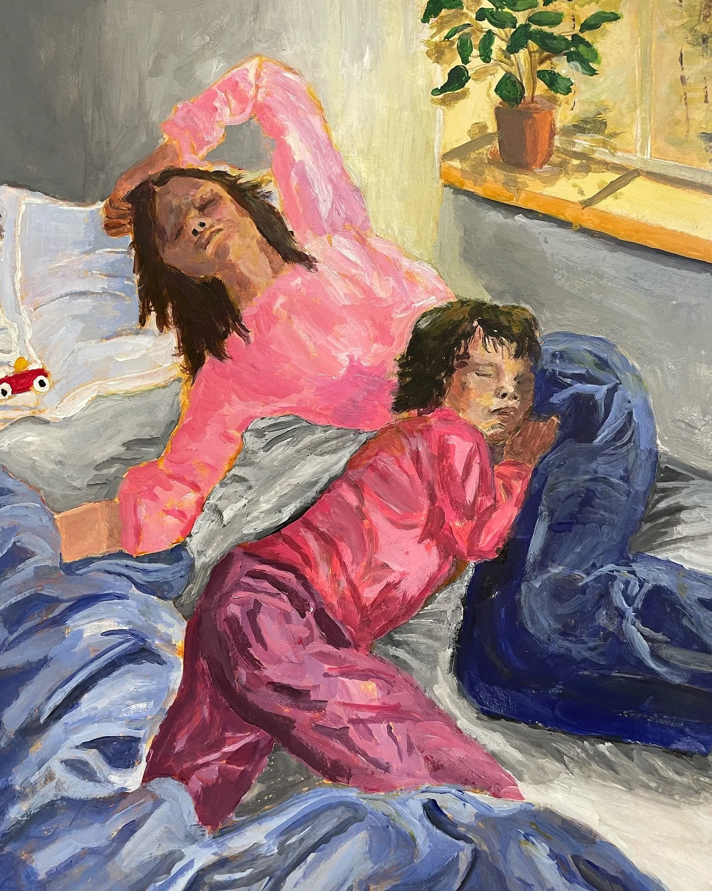 Another early painting. I actually really love this because my mother here looks like I used to feel - dead tired! Not pretty and cosy and idealised but it’s messy, exhausted and real. #motherhood #motherhoodinart #artistmother #matrescence #mo
