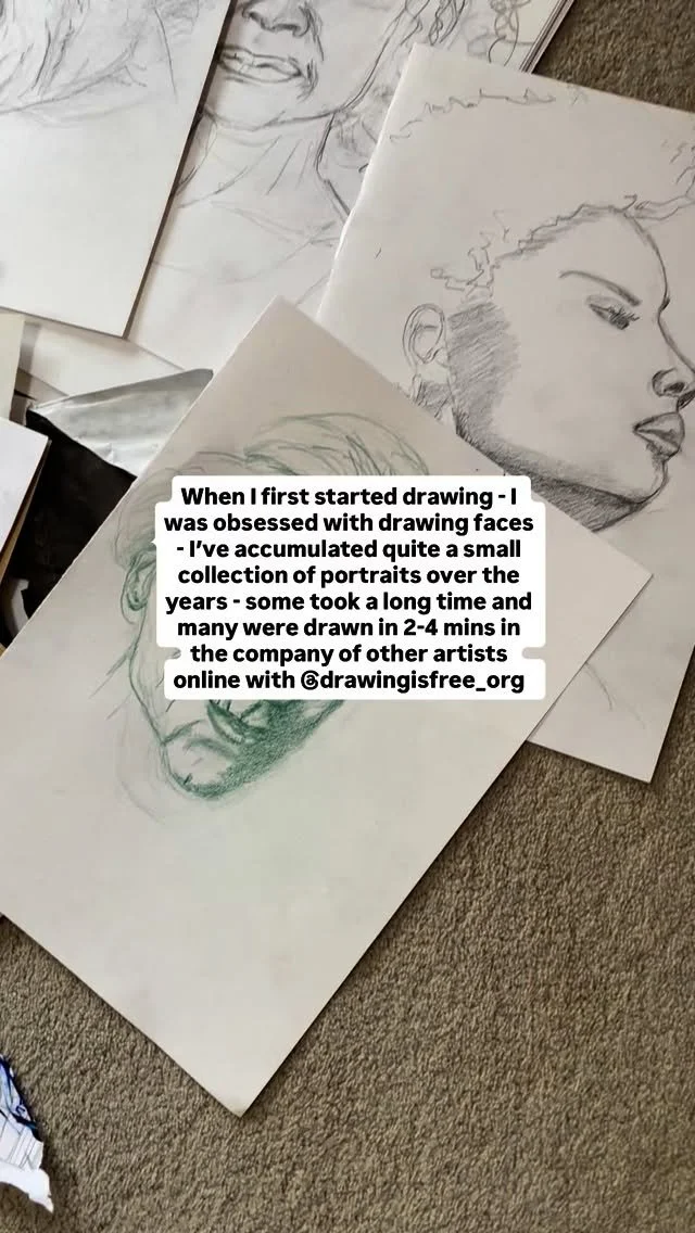 Just looking back at a collection of faces I’ve drawn over the years. Most were drawn in community with other artists online Monday mornings with @drawingisfree_org. An hour of bliss quietly sitting, looking and drawing to music with 100s of ot
