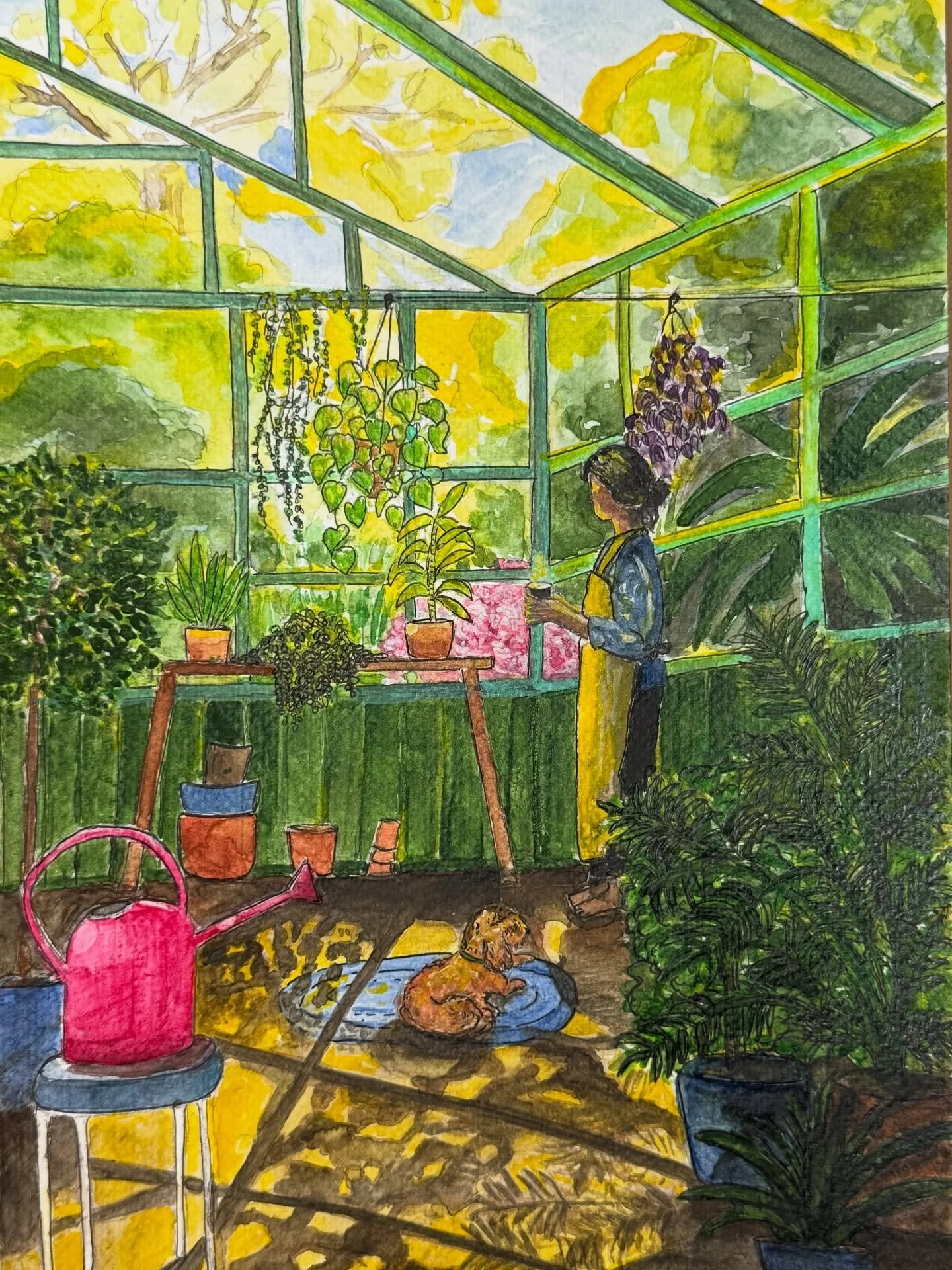 Sometimes I just want to draw and paint a cosy greenhouse with plants and my dog.
##illustration #womananddogdrawing #inkandwatercolourillustration