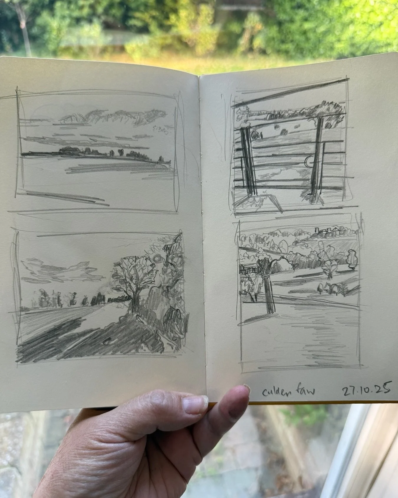 Sketches of my dog walk this morning. The sun was shining and the landscape stunning. Always good to get the pencil and paper out and exercise those drawing and observation skills. 

#sketchbookpractice #landscapesketches #pencildrawings #sketchbookd