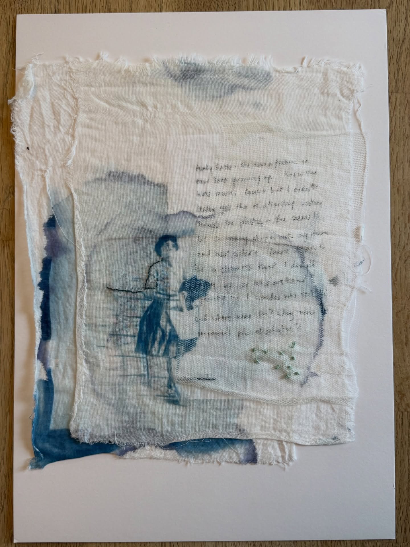 Cyanotype print on fabric layered with handwritten text and fabric and embroidery 2026 

Six pieces going into the NOC exhibition with @warehouseartschool February to March. Just waiting to get them framed and ready to go.

These works are exploratio