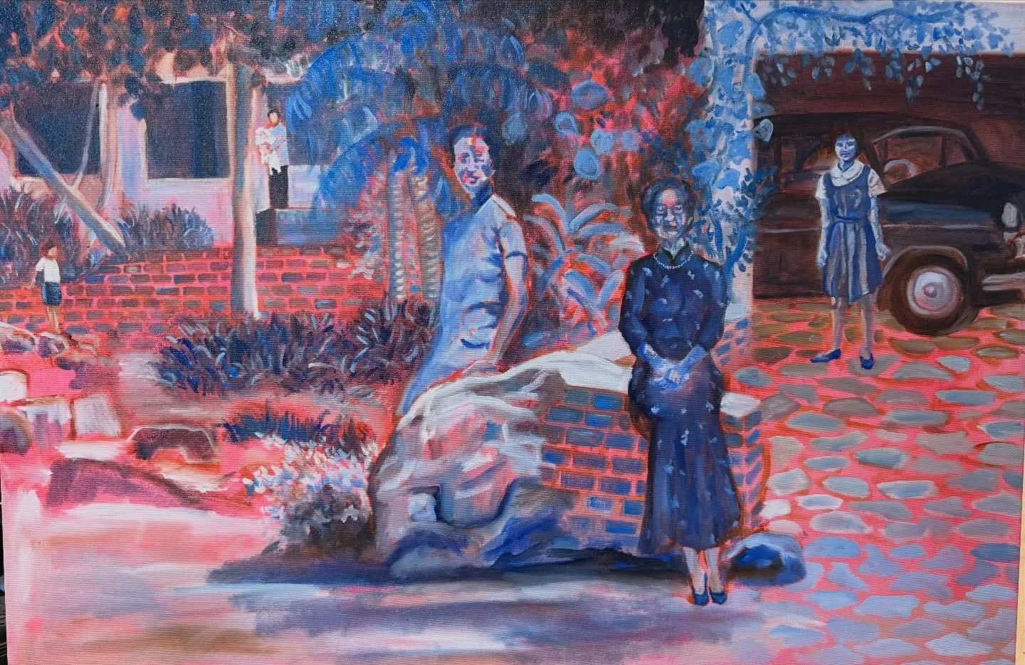 Latest work in progress - oil on canvas (120 x 90) I&rsquo;m loving the colours! It&rsquo;s a painting about my grandmother and my attempt at giving her a presence and a voice. It features my grandmother at various life stages with my mother making a