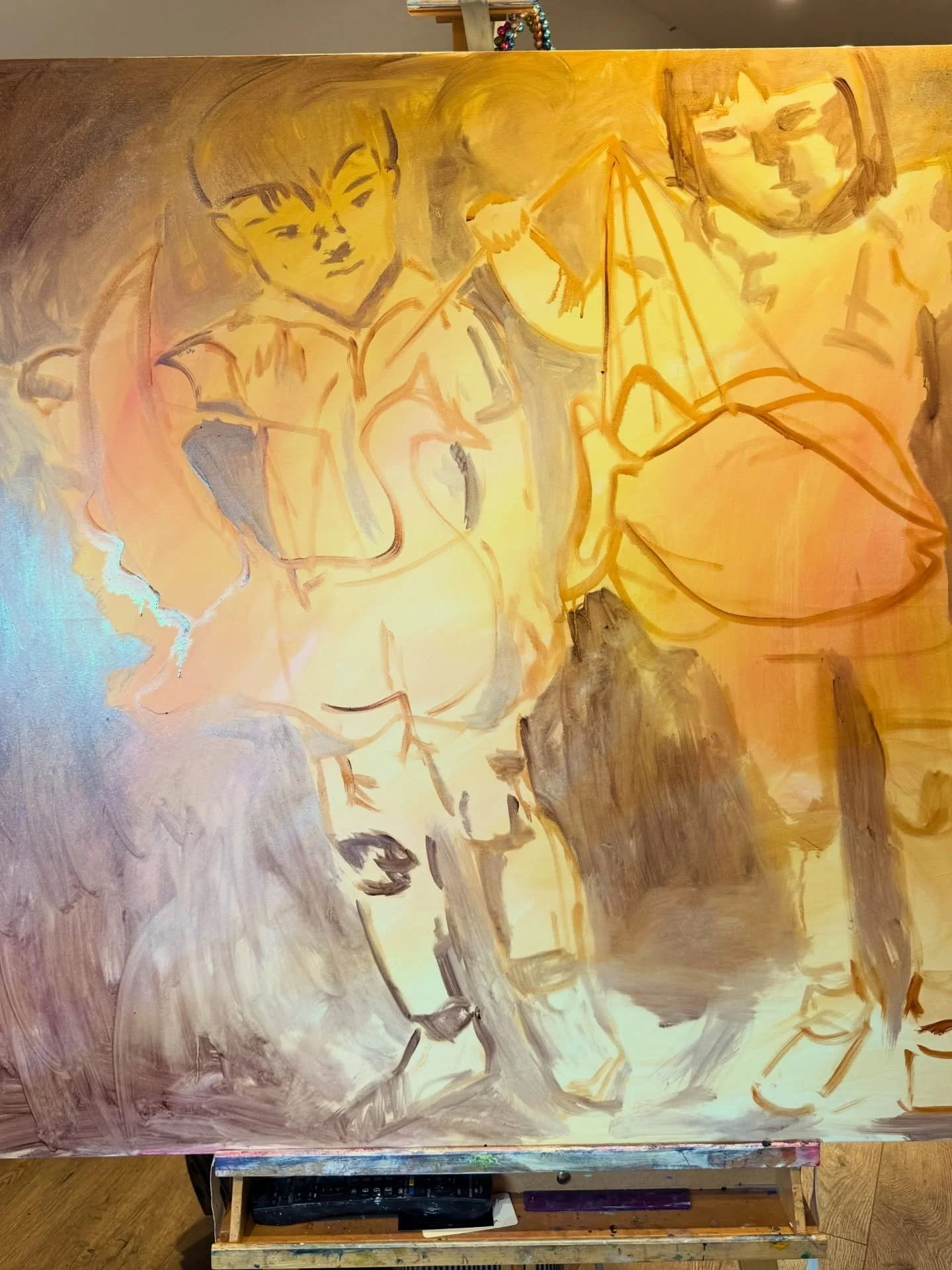 The painting is evolving and changing everyday. Capturing the magical feeling of the mid-autumn night time walks around my local neighbourhood with our cellophane lanterns lit by tiny birthday candles. A perilous activity where you would get candles 