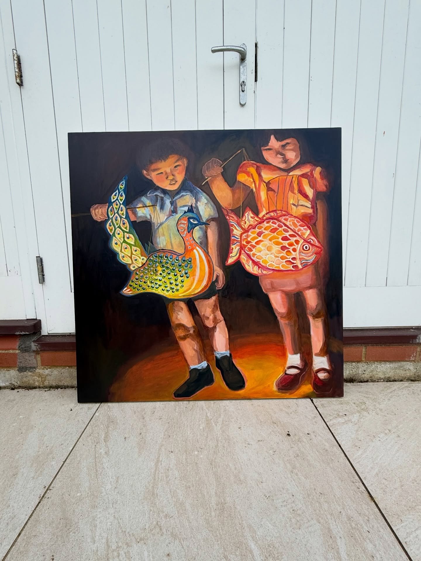 Trying to photograph this in the daylight - turned out to be a beauty shoot for Mishi instead. I love this painting. It is born out of nostalgia - childhood memories of mid-autumn lantern walks in Singapore. Carrying these often flimsy gorgeous cello