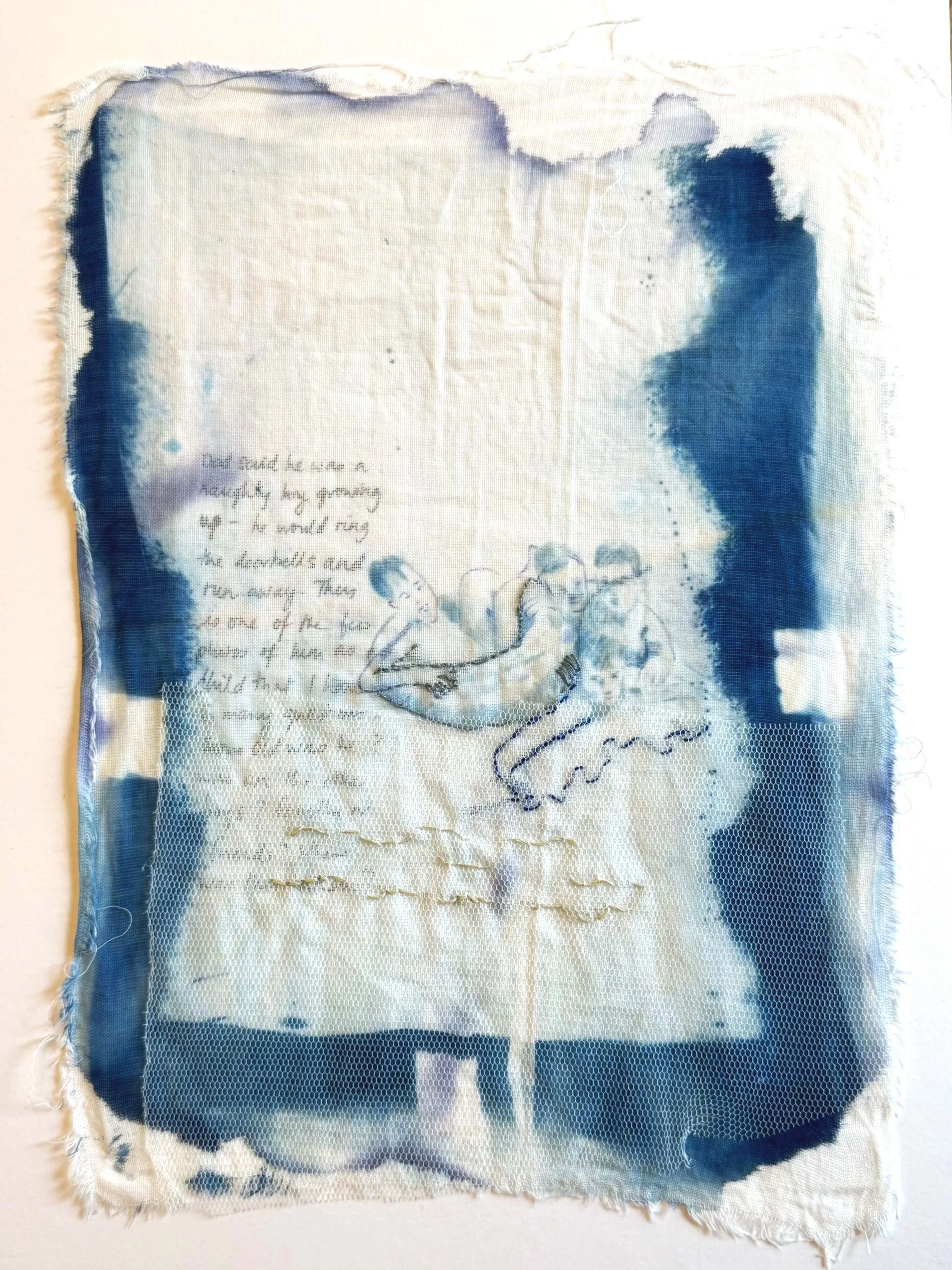 Text and sketches printed using cyanotype on  fabric featuring a drawing of several children swimming with overlaid fabric and handwritten text.
