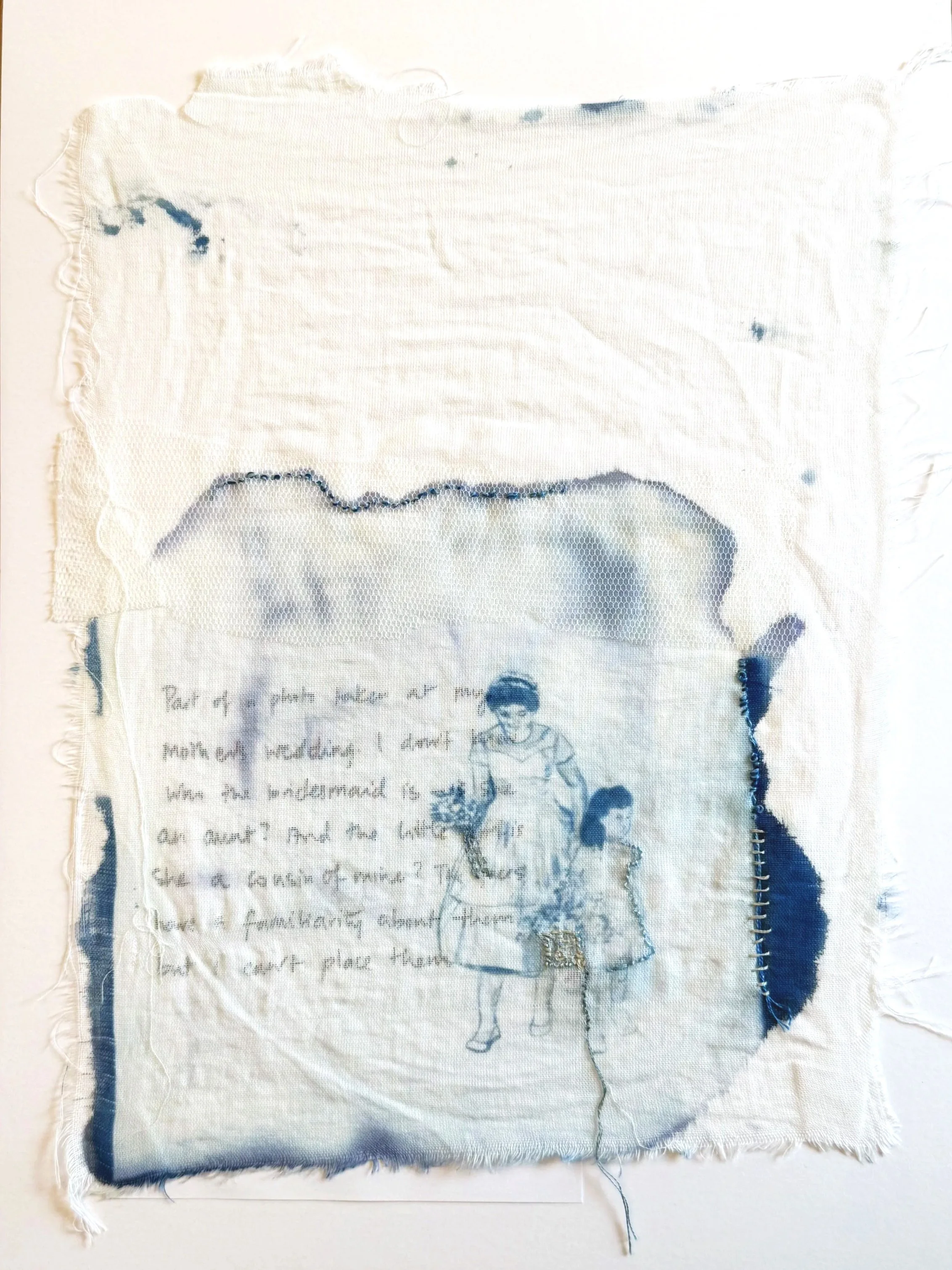 Mixed fabric with stitched artwork of two children, one holding a basket, and handwritten text, blending with embroidery and torn edges.